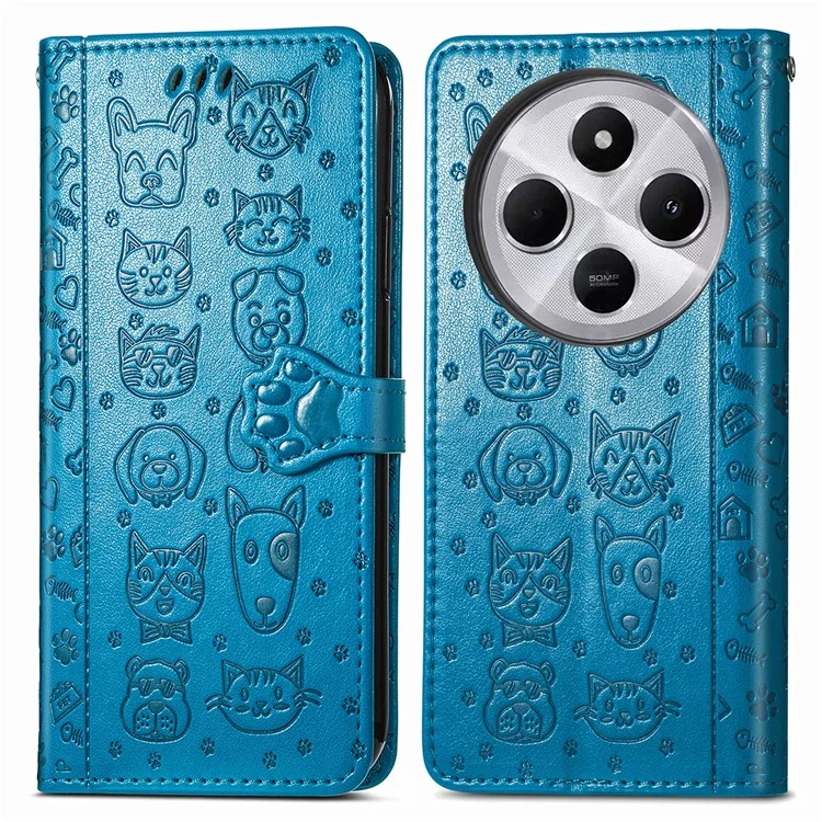 Étui en cuir pour Xiaomi Redmi 14C 4G / 14R 5G / Poco C75 4G Housse de téléphone à rabat portefeuille Motif mignon chat chien - Bleu