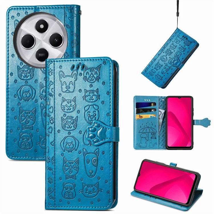 Étui en cuir pour Xiaomi Redmi 14C 4G / 14R 5G / Poco C75 4G Housse de téléphone à rabat portefeuille Motif mignon chat chien - Bleu