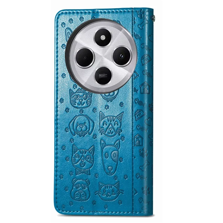 Étui en cuir pour Xiaomi Redmi 14C 4G / 14R 5G / Poco C75 4G Housse de téléphone à rabat portefeuille Motif mignon chat chien - Bleu