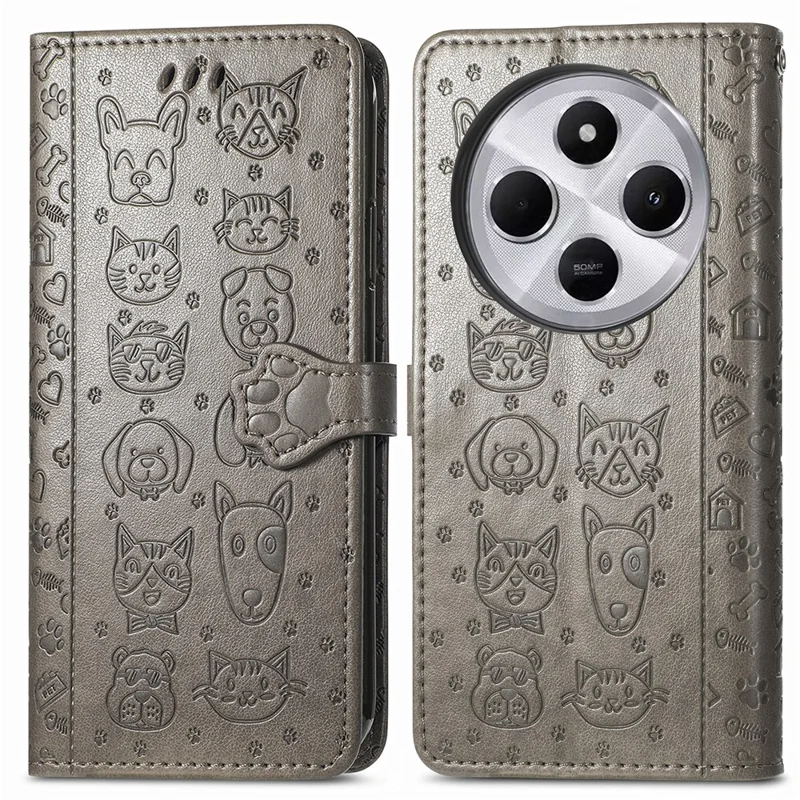 Leather Phone Case For Xiaomi Redmi 14C 4G / 14R 5G / Poco C75 4G Wallet Flip Phone Cover Cute Cat Dog Pattern - Grey
