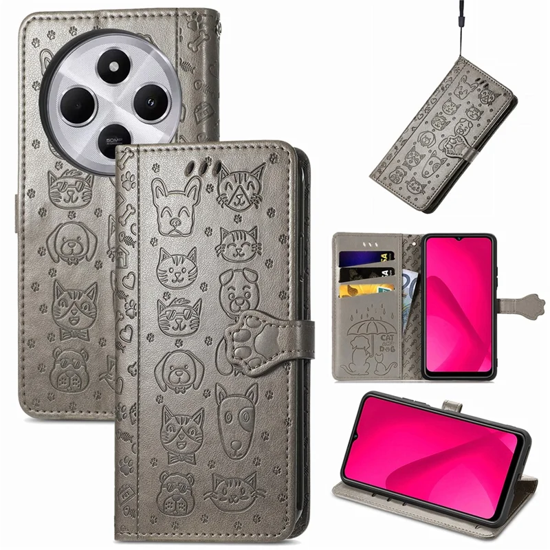 Leather Phone Case For Xiaomi Redmi 14C 4G / 14R 5G / Poco C75 4G Wallet Flip Phone Cover Cute Cat Dog Pattern - Grey