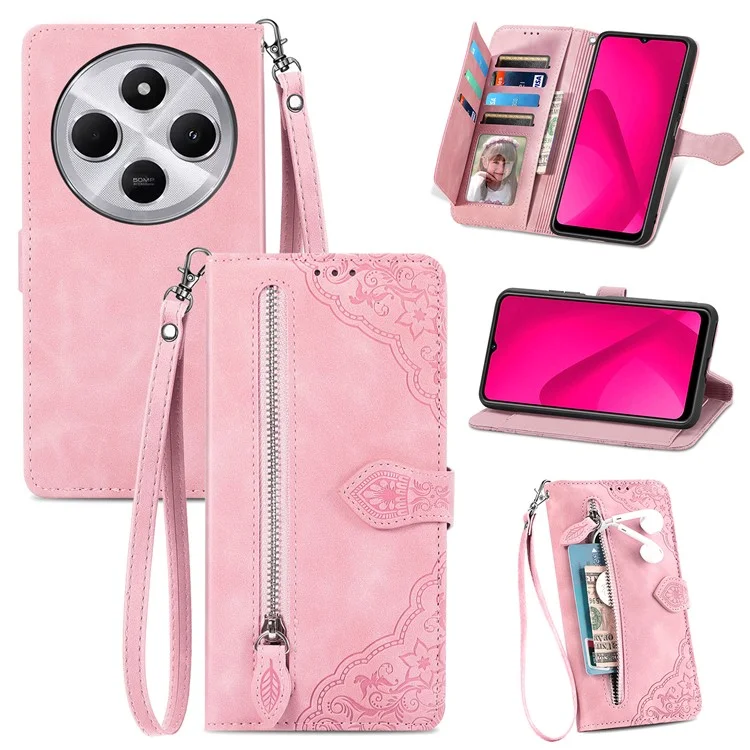 Étui portefeuille à fermeture éclair pour Xiaomi Redmi 14C 4G / 14R 5G / Poco C75 4G, en cuir PU avec motif floral - Rose