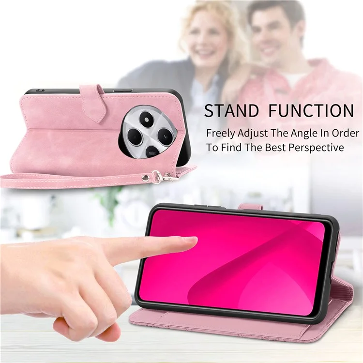 Étui portefeuille à fermeture éclair pour Xiaomi Redmi 14C 4G / 14R 5G / Poco C75 4G, en cuir PU avec motif floral - Rose