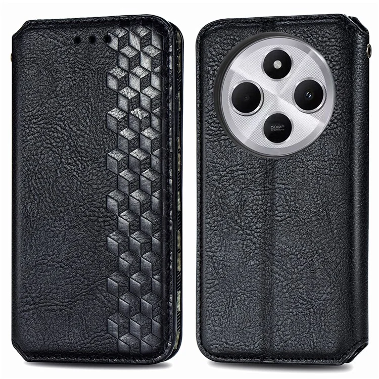 Étui portefeuille en cuir PU pour Xiaomi Redmi 14C 4G / 14R 5G / Poco C75 4G avec motif en forme de losange - Noir