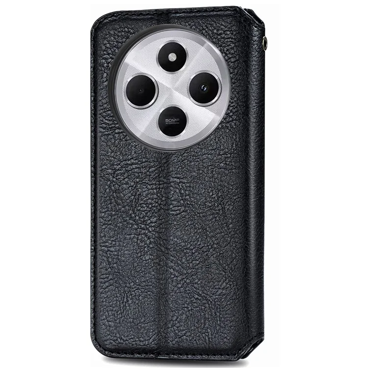 Étui portefeuille en cuir PU pour Xiaomi Redmi 14C 4G / 14R 5G / Poco C75 4G avec motif en forme de losange - Noir