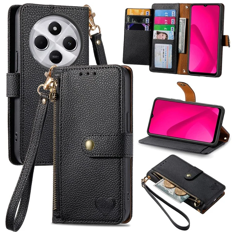 Étui portefeuille en cuir avec poche zippée et protection RFID pour Xiaomi Poco C75 4G / Redmi 14R 5G / 14C 4G - Noir