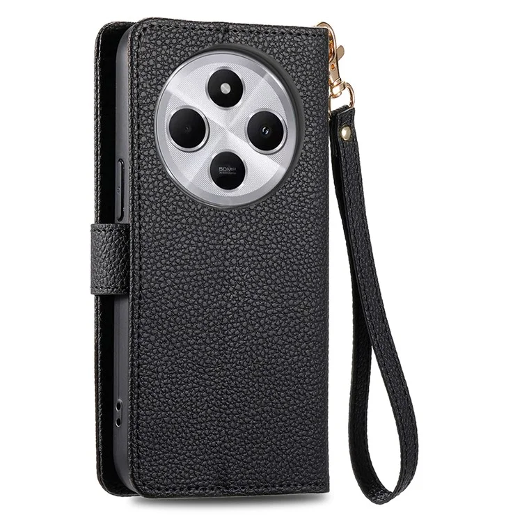 Étui portefeuille en cuir avec poche zippée et protection RFID pour Xiaomi Poco C75 4G / Redmi 14R 5G / 14C 4G - Noir