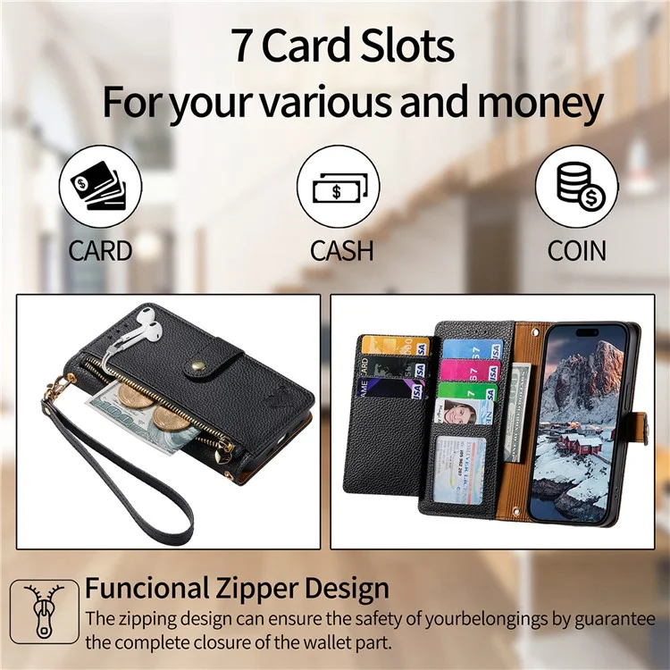 Étui portefeuille en cuir avec poche zippée et protection RFID pour Xiaomi Poco C75 4G / Redmi 14R 5G / 14C 4G - Noir