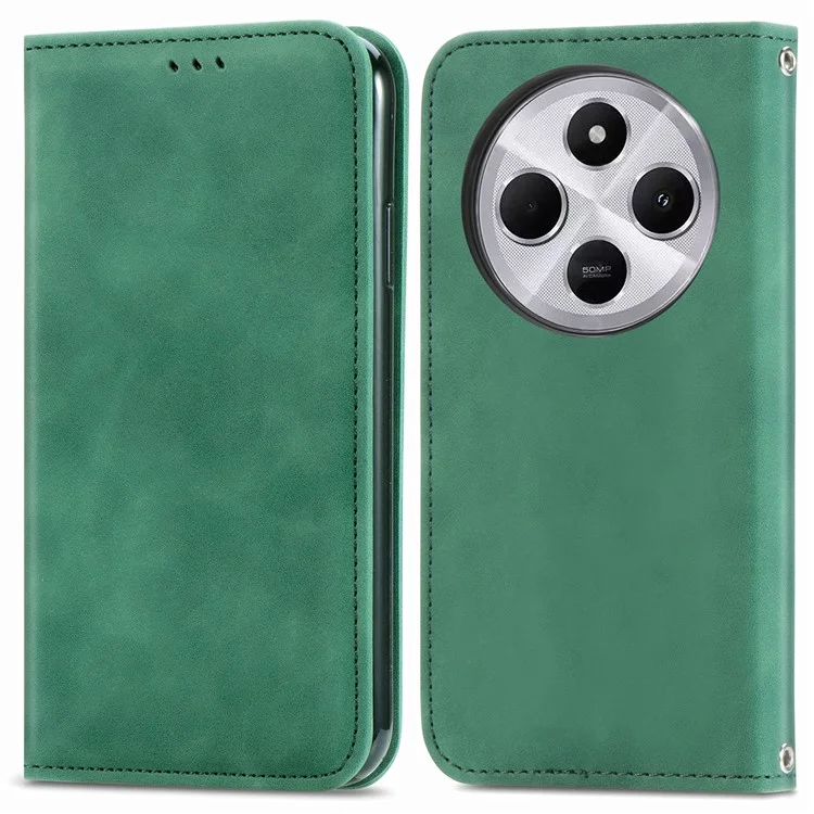 Étui en cuir pour Xiaomi Redmi 14C 4G / 14R 5G / Poco C75 4G, sensation de toucher de la peau, porte-cartes, coque de téléphone à absorption magnétique - Vert