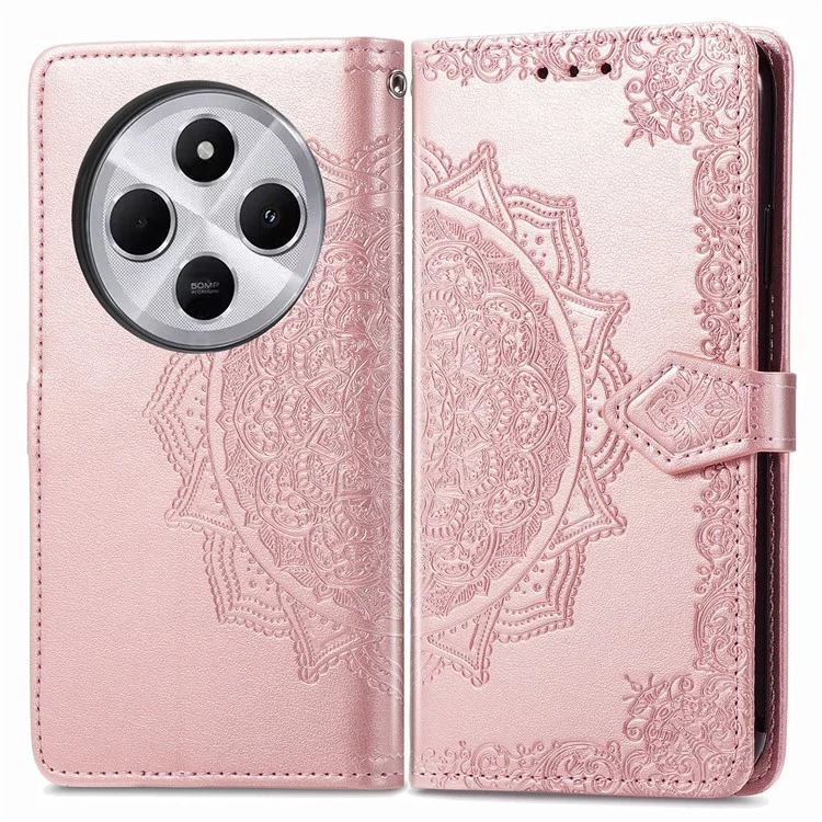 Capa carteira para Xiaomi Redmi 14C 4G / 14R 5G / Poco C75 4G Mandala Flower Leather Phone Cover Stand View - Rose Gold