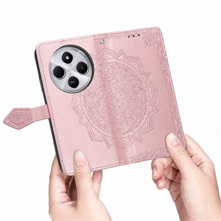 Capa carteira para Xiaomi Redmi 14C 4G / 14R 5G / Poco C75 4G Mandala Flower Leather Phone Cover Stand View - Rose Gold