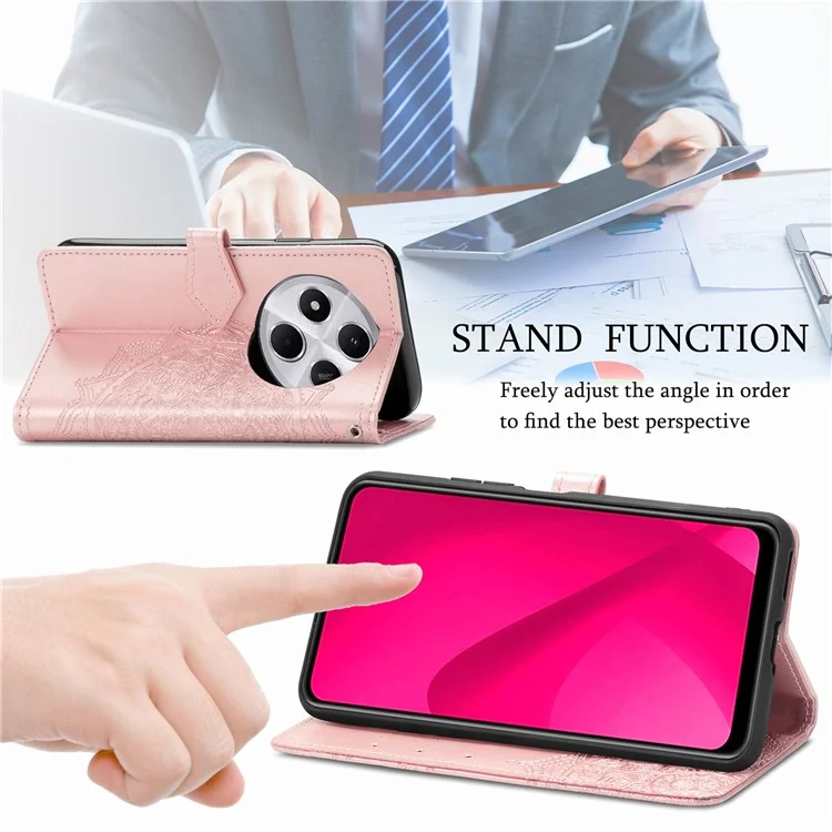 Capa carteira para Xiaomi Redmi 14C 4G / 14R 5G / Poco C75 4G Mandala Flower Leather Phone Cover Stand View - Rose Gold