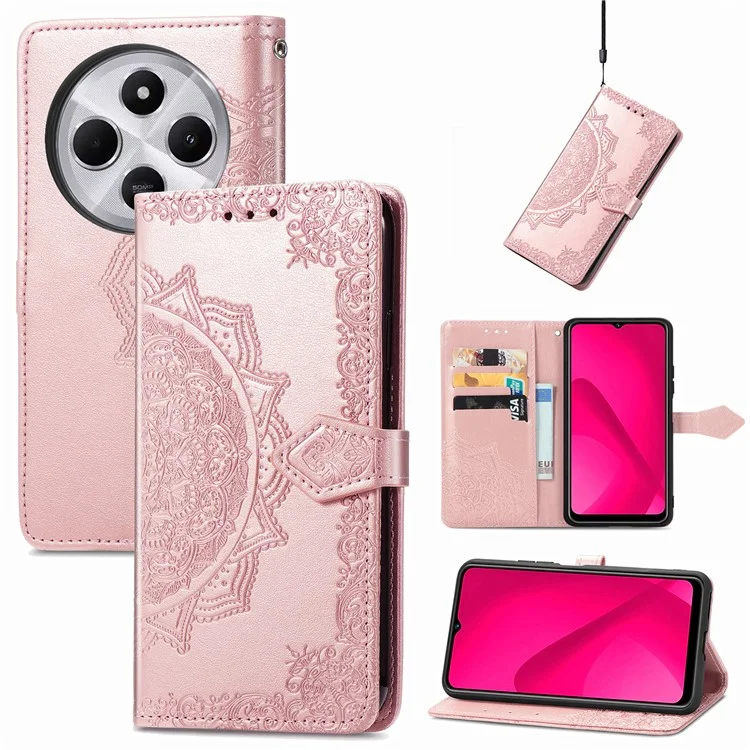Capa carteira para Xiaomi Redmi 14C 4G / 14R 5G / Poco C75 4G Mandala Flower Leather Phone Cover Stand View - Rose Gold