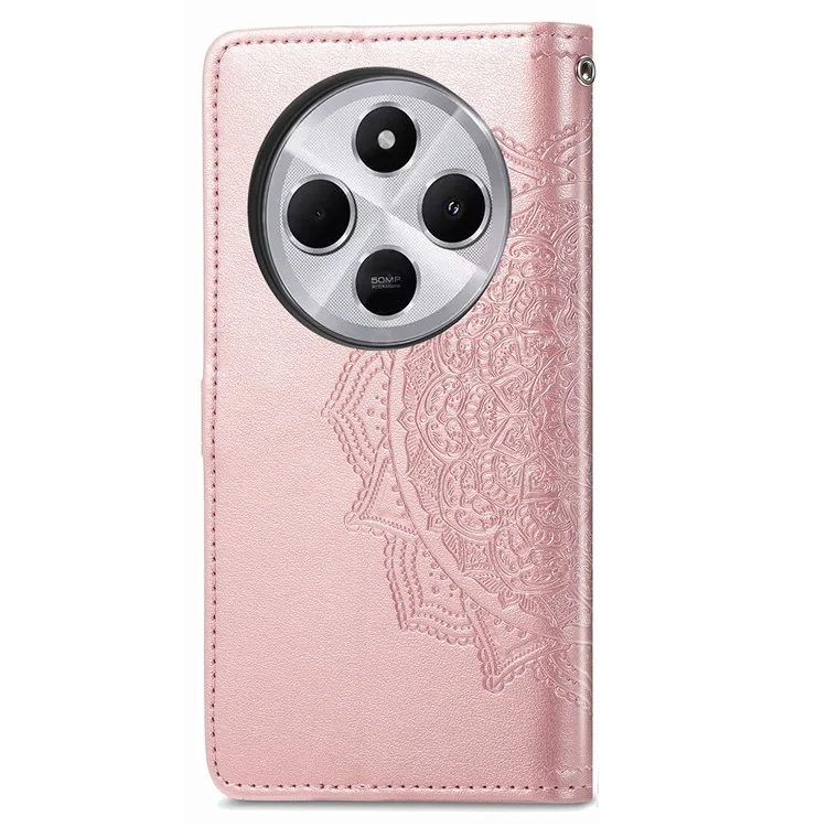 Capa carteira para Xiaomi Redmi 14C 4G / 14R 5G / Poco C75 4G Mandala Flower Leather Phone Cover Stand View - Rose Gold