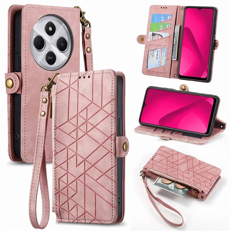 Étui à fermeture éclair pour Xiaomi Redmi 14C 4G / 14R 5G / Poco C75 4G Portefeuille Géométrie Lignes Cuir Housse de téléphone - Rose