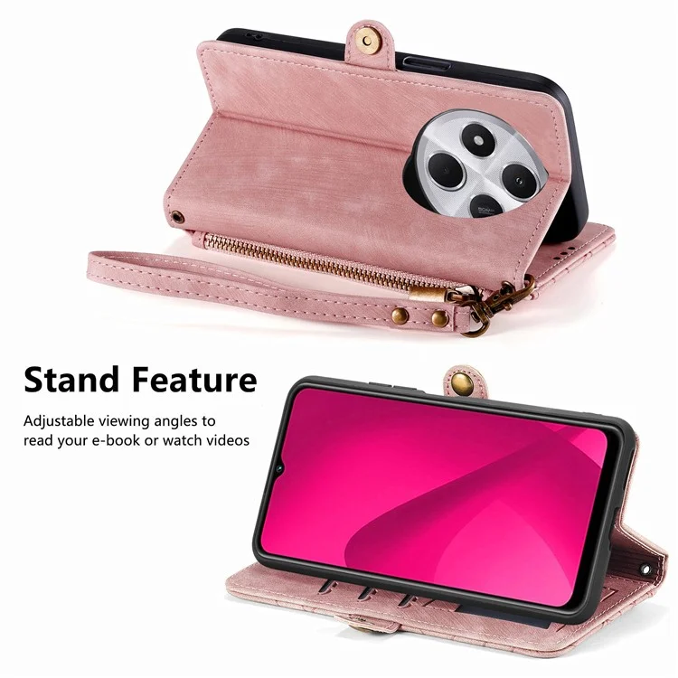 Étui à fermeture éclair pour Xiaomi Redmi 14C 4G / 14R 5G / Poco C75 4G Portefeuille Géométrie Lignes Cuir Housse de téléphone - Rose