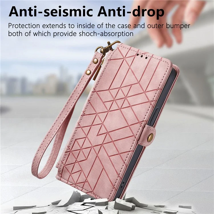 Étui à fermeture éclair pour Xiaomi Redmi 14C 4G / 14R 5G / Poco C75 4G Portefeuille Géométrie Lignes Cuir Housse de téléphone - Rose
