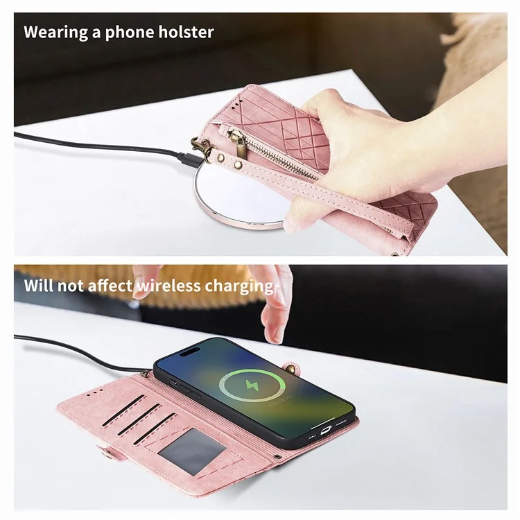 Étui à fermeture éclair pour Xiaomi Redmi 14C 4G / 14R 5G / Poco C75 4G Portefeuille Géométrie Lignes Cuir Housse de téléphone - Rose