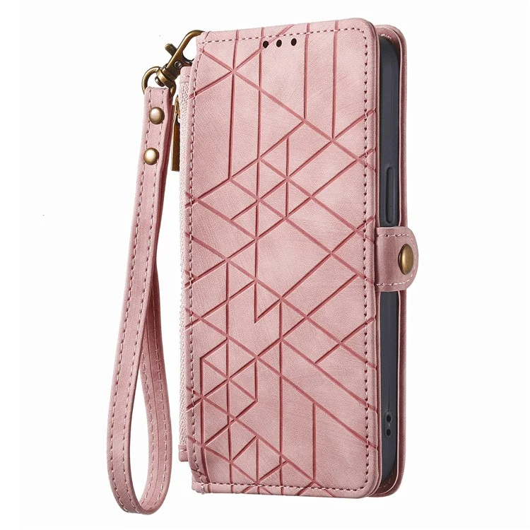 Étui à fermeture éclair pour Xiaomi Redmi 14C 4G / 14R 5G / Poco C75 4G Portefeuille Géométrie Lignes Cuir Housse de téléphone - Rose