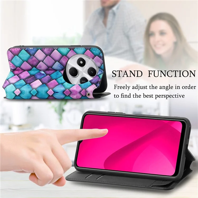 Funda con bloqueo RFID CASENEO para Xiaomi Redmi 14C 4G / 14R 5G / Poco C75 4G, cubierta de cuero con estampado - Escala púrpura