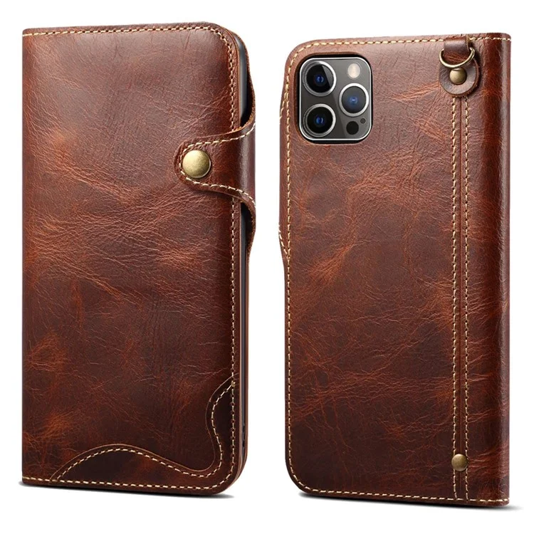 Pour iPhone 14 Pro Anti-scratch Genuine Leather Phone Case Waxy Workmanship Stand Cell Phone Flip Wallet Cover - Brun