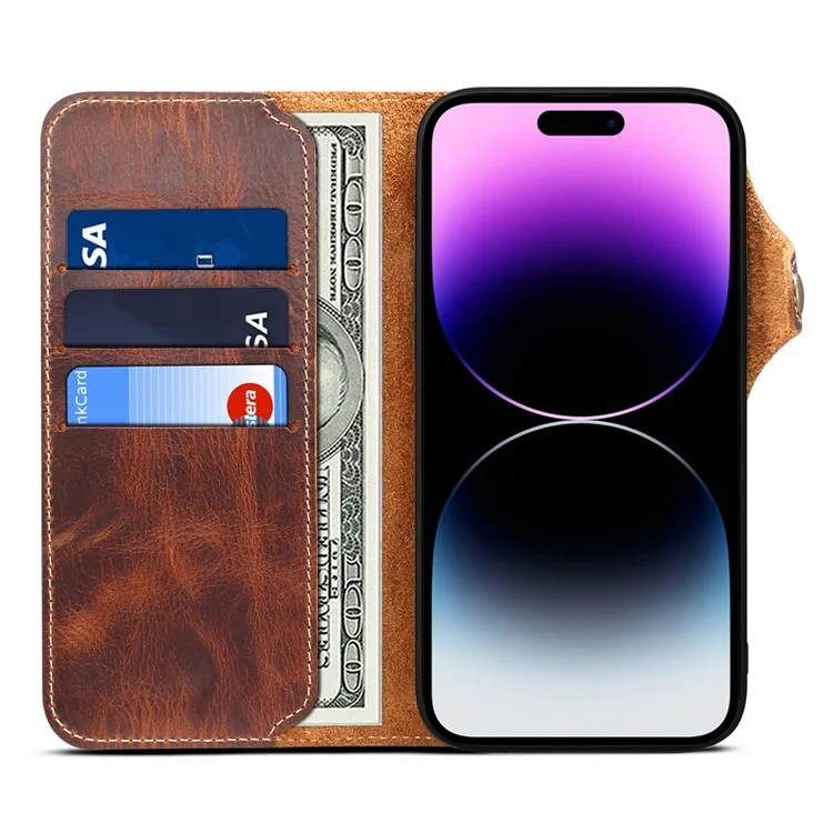 Pour iPhone 14 Pro Anti-scratch Genuine Leather Phone Case Waxy Workmanship Stand Cell Phone Flip Wallet Cover - Brun