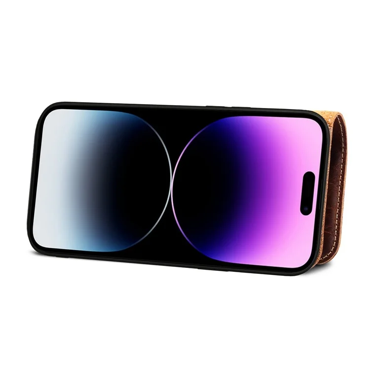 Pour iPhone 14 Pro Anti-scratch Genuine Leather Phone Case Waxy Workmanship Stand Cell Phone Flip Wallet Cover - Brun