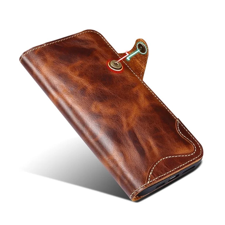 Pour iPhone 14 Pro Anti-scratch Genuine Leather Phone Case Waxy Workmanship Stand Cell Phone Flip Wallet Cover - Brun