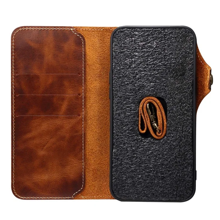 Pour iPhone 14 Pro Anti-scratch Genuine Leather Phone Case Waxy Workmanship Stand Cell Phone Flip Wallet Cover - Brun