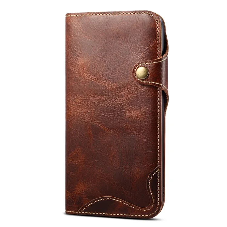 Pour iPhone 14 Pro Anti-scratch Genuine Leather Phone Case Waxy Workmanship Stand Cell Phone Flip Wallet Cover - Brun