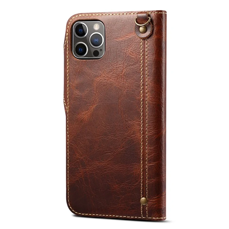 Pour iPhone 14 Pro Anti-scratch Genuine Leather Phone Case Waxy Workmanship Stand Cell Phone Flip Wallet Cover - Brun