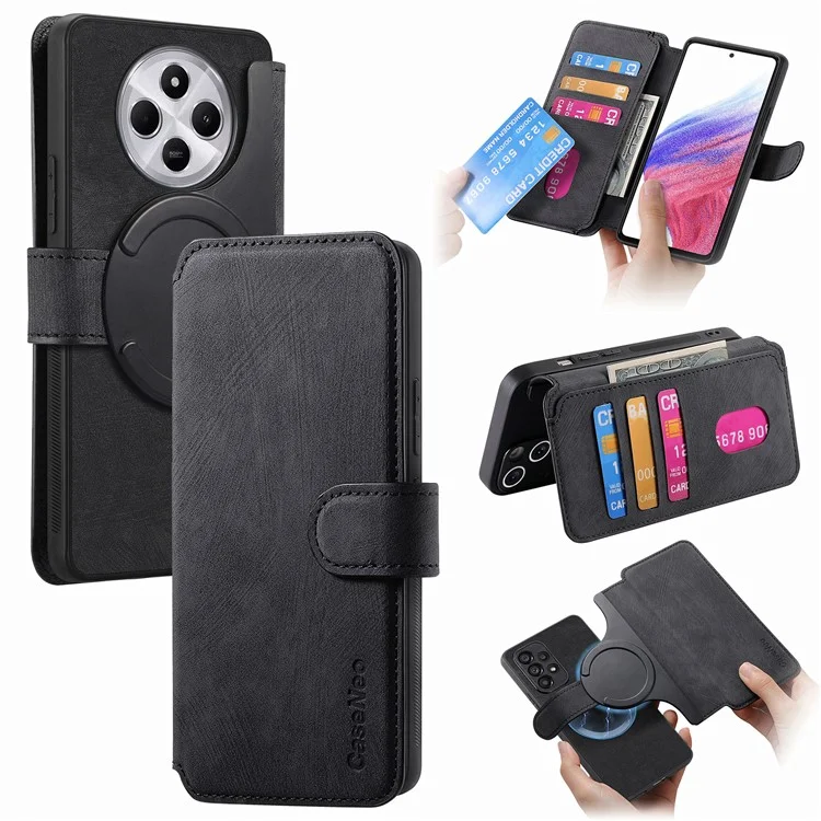 Étui CASENEO MW-03 pour Xiaomi Redmi 14C 4G / 14R 5G / Poco C75 4G, portefeuille détachable en cuir + TPU, housse de téléphone - Noir