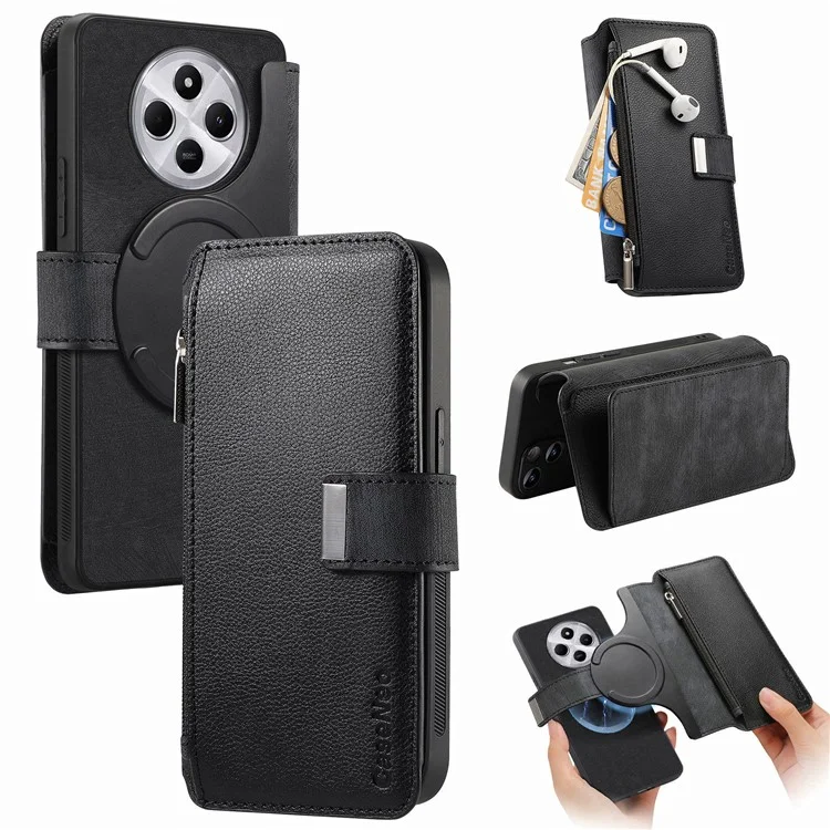 Étui CASENEO MW-02 pour Xiaomi Redmi 14C 4G / 14R 5G / Poco C75 4G, étui à rabat en cuir magnétique amovible - Noir