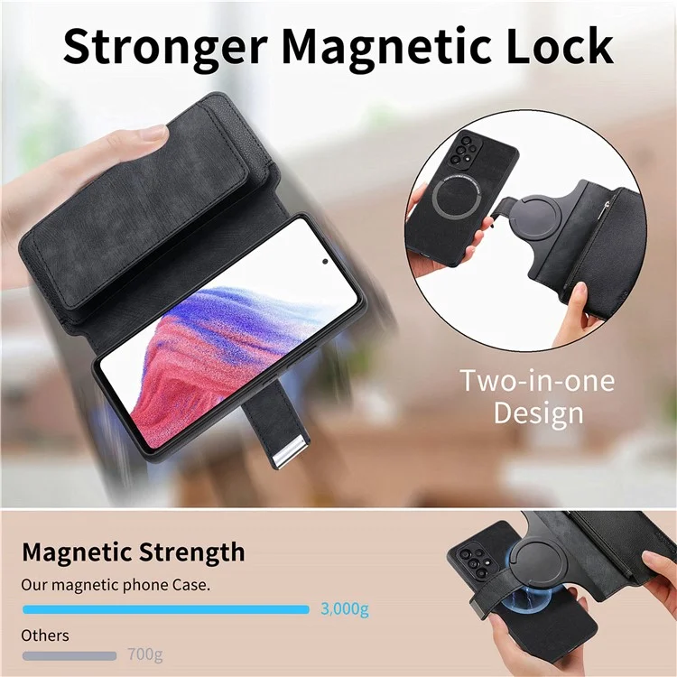Étui CASENEO MW-02 pour Xiaomi Redmi 14C 4G / 14R 5G / Poco C75 4G, étui à rabat en cuir magnétique amovible - Noir