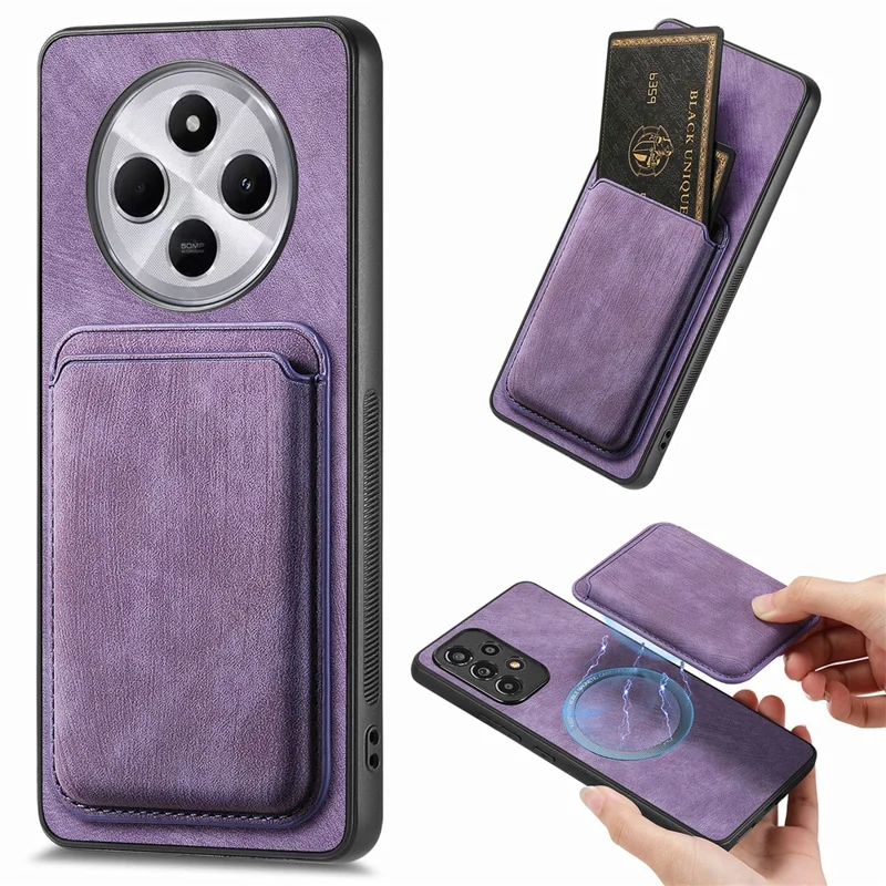 Retro-Hülle für Xiaomi Redmi 14C 4G / 14R 5G / Poco C75 4G Leder+TPU Handyhülle mit abnehmbarem Kartenfach - Lila