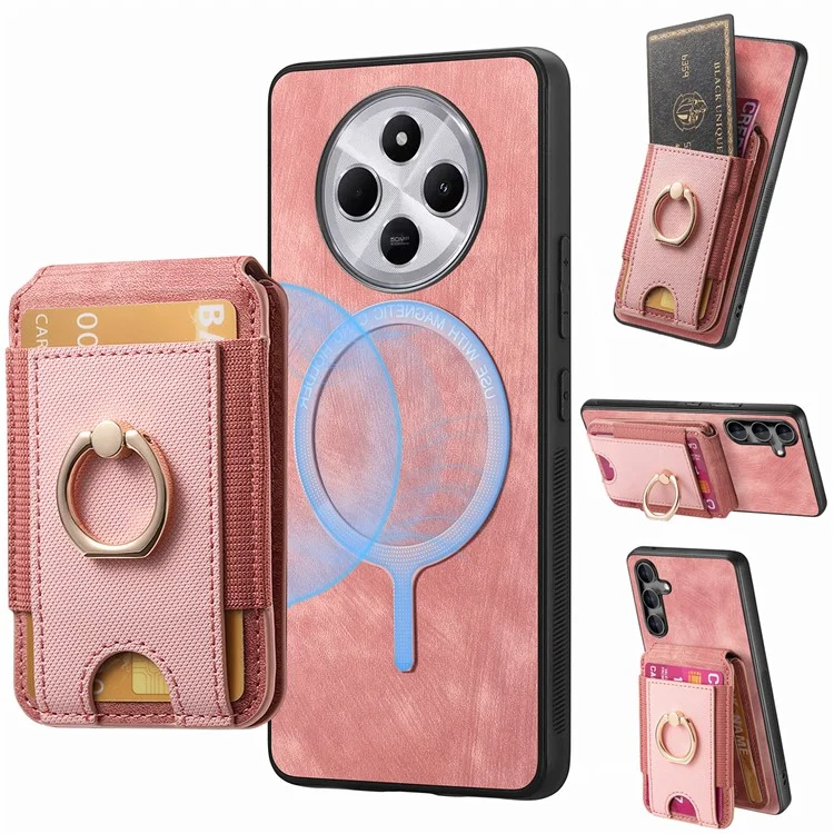 Coque de téléphone pour Xiaomi Redmi 14C 4G / 14R 5G / Poco C75 4G avec support, couverture arrière en cuir avec porte-carte amovible - Rose
