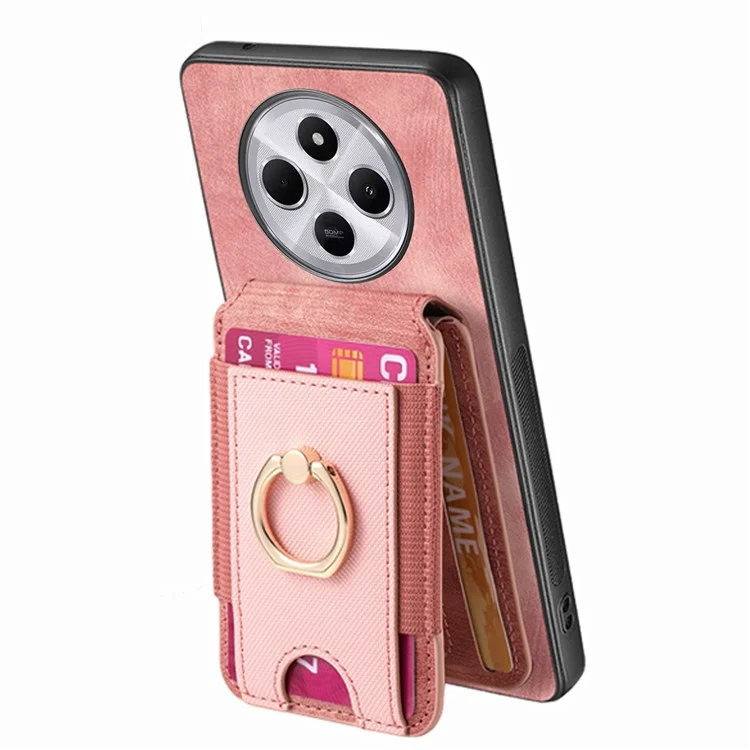 Coque de téléphone pour Xiaomi Redmi 14C 4G / 14R 5G / Poco C75 4G avec support, couverture arrière en cuir avec porte-carte amovible - Rose