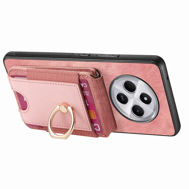 Coque de téléphone pour Xiaomi Redmi 14C 4G / 14R 5G / Poco C75 4G avec support, couverture arrière en cuir avec porte-carte amovible - Rose