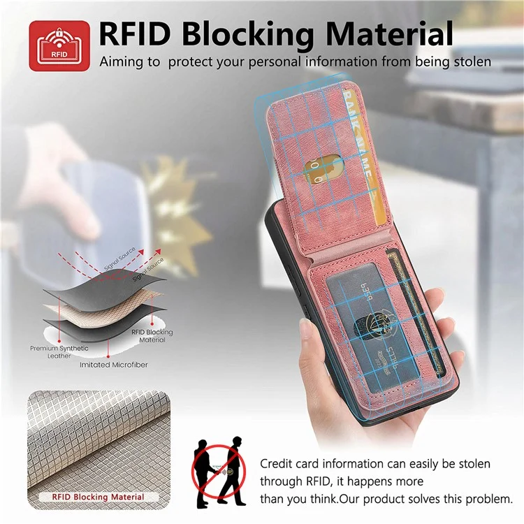 Coque de téléphone pour Xiaomi Redmi 14C 4G / 14R 5G / Poco C75 4G avec support, couverture arrière en cuir avec porte-carte amovible - Rose