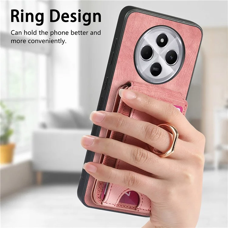 Coque de téléphone pour Xiaomi Redmi 14C 4G / 14R 5G / Poco C75 4G avec support, couverture arrière en cuir avec porte-carte amovible - Rose