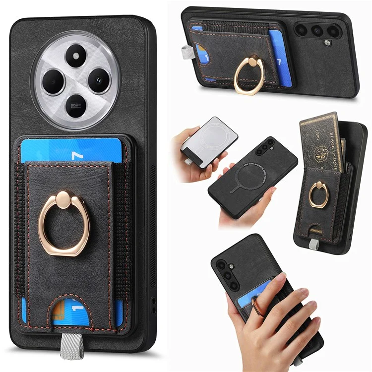 Capa magnética para Xiaomi Redmi 14C 4G / 14R 5G / Poco C75 4G com suporte para cartão, anel e suporte PU couro capa traseira do telefone - Preto