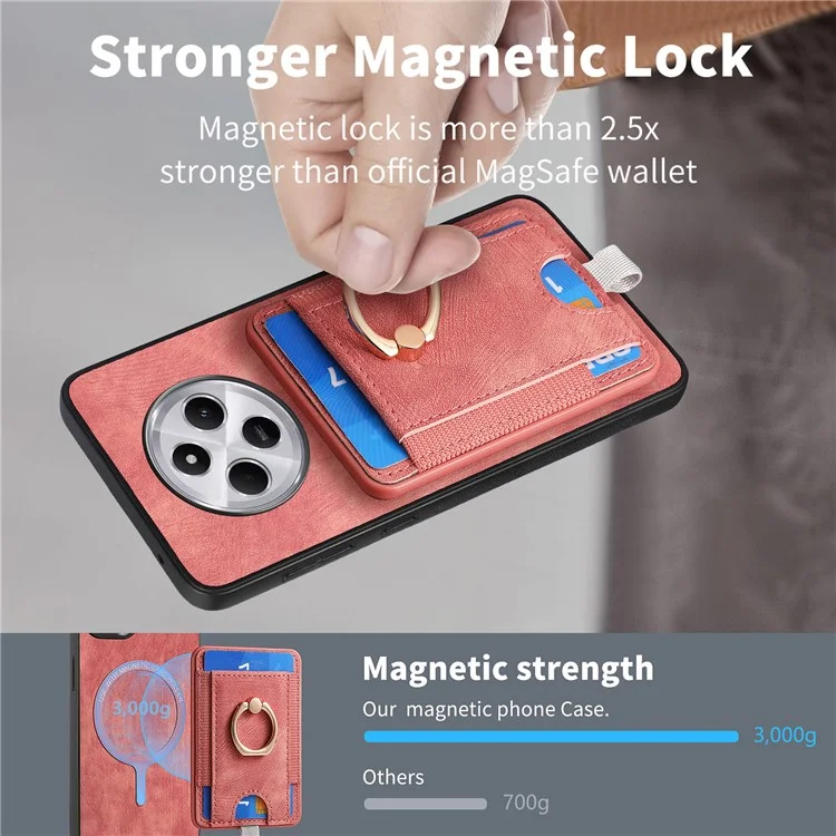 Capa magnética para Xiaomi Redmi 14C 4G / 14R 5G / Poco C75 4G com suporte para cartão, anel e suporte PU couro capa traseira do telefone - Preto