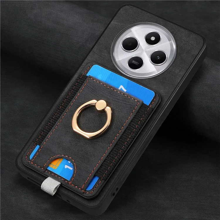 Capa magnética para Xiaomi Redmi 14C 4G / 14R 5G / Poco C75 4G com suporte para cartão, anel e suporte PU couro capa traseira do telefone - Preto