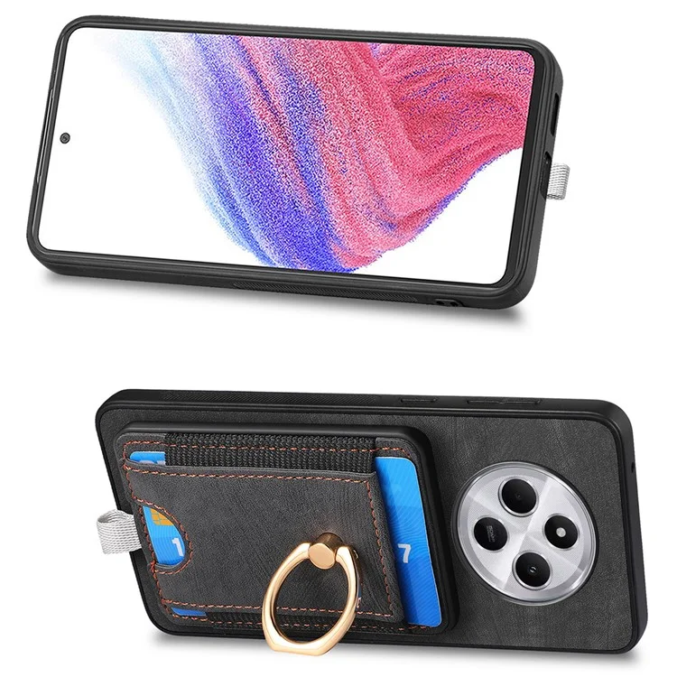 Capa magnética para Xiaomi Redmi 14C 4G / 14R 5G / Poco C75 4G com suporte para cartão, anel e suporte PU couro capa traseira do telefone - Preto