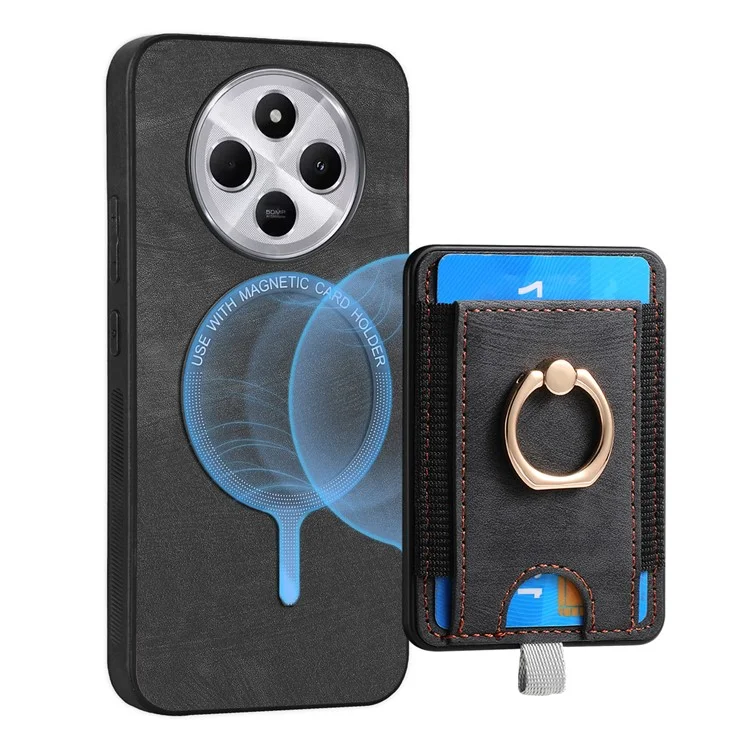 Capa magnética para Xiaomi Redmi 14C 4G / 14R 5G / Poco C75 4G com suporte para cartão, anel e suporte PU couro capa traseira do telefone - Preto