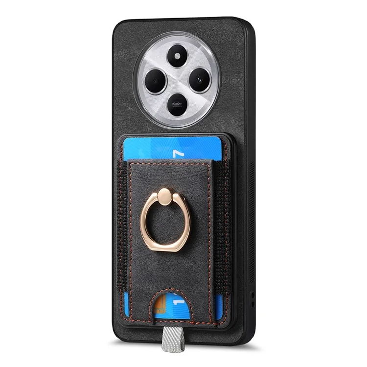 Capa magnética para Xiaomi Redmi 14C 4G / 14R 5G / Poco C75 4G com suporte para cartão, anel e suporte PU couro capa traseira do telefone - Preto