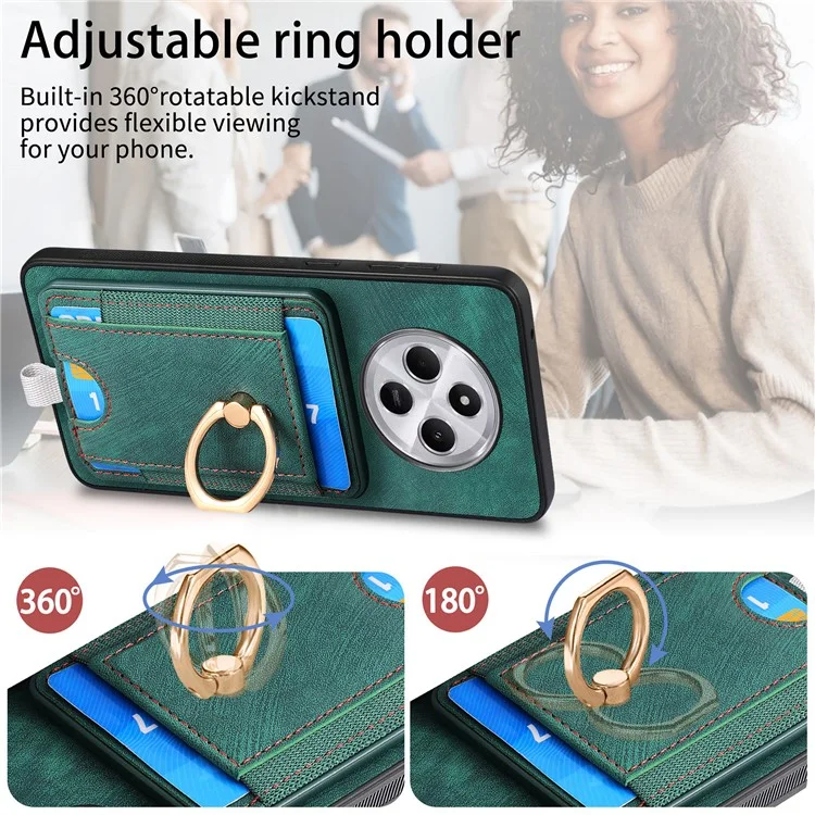 Capa magnética para Xiaomi Redmi 14C 4G / 14R 5G / Poco C75 4G com suporte para cartão, anel e suporte PU couro capa traseira do telefone - Preto
