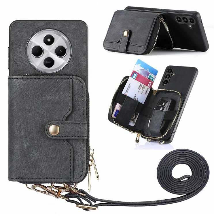 Capa com zíper para Xiaomi Redmi 14C 4G / 14R 5G / Poco C75 4G Carteira Capa de couro para celular com suporte e alça de ombro - Preto