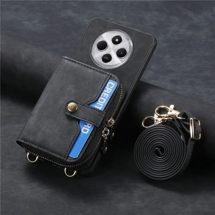 Capa com zíper para Xiaomi Redmi 14C 4G / 14R 5G / Poco C75 4G Carteira Capa de couro para celular com suporte e alça de ombro - Preto
