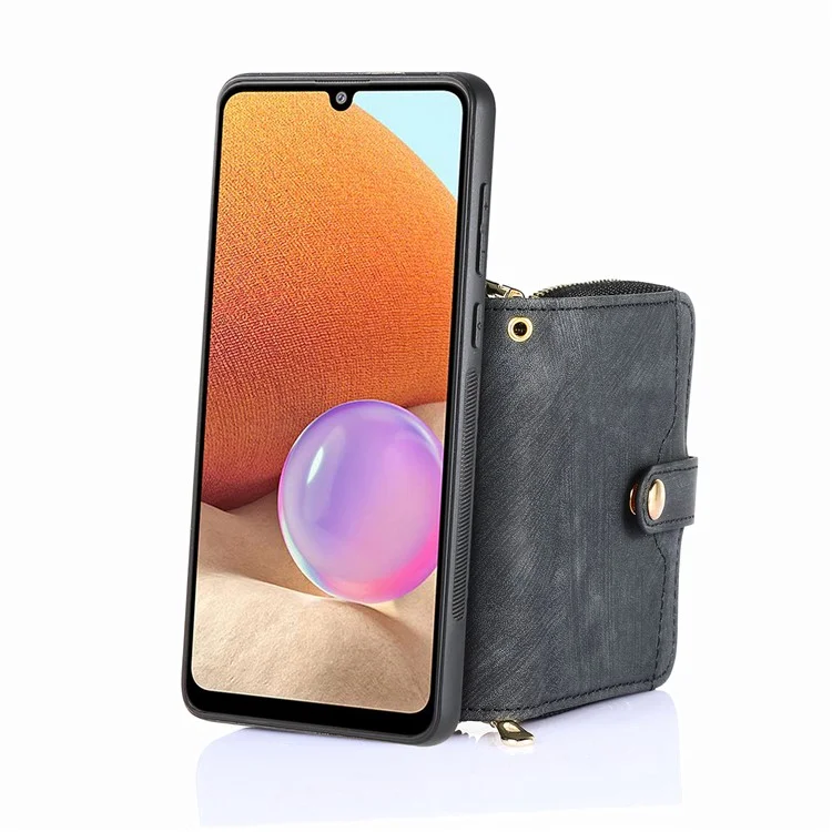 Capa com zíper para Xiaomi Redmi 14C 4G / 14R 5G / Poco C75 4G Carteira Capa de couro para celular com suporte e alça de ombro - Preto